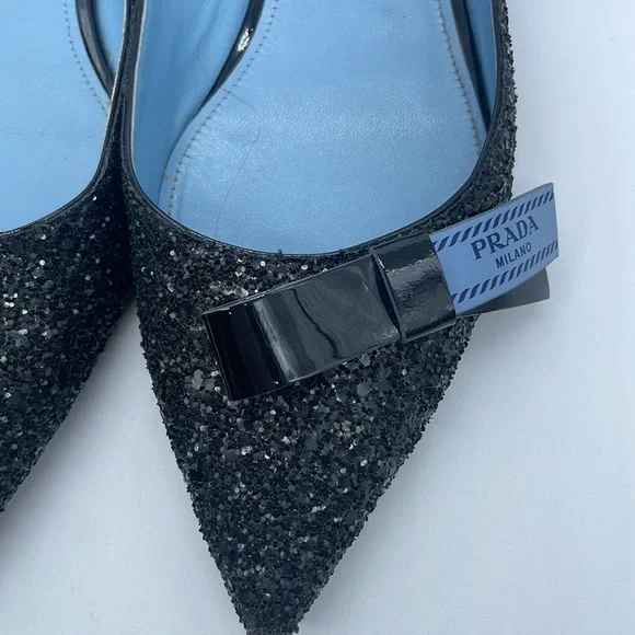 Prada Black Glitter leather bow logo embellished pointed toe ballet flats 38.5 - Picture 4 of 11